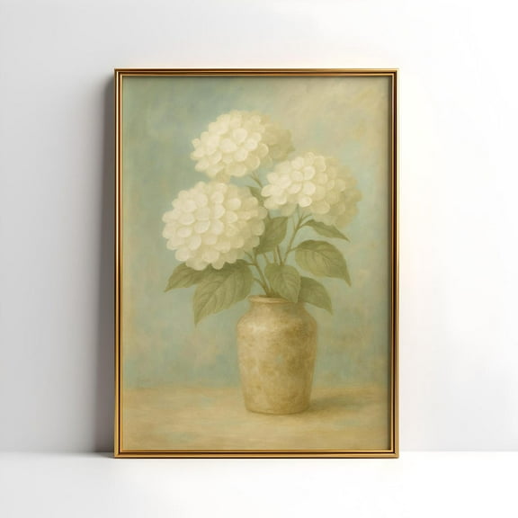 White Hydrangeas Vintage Farmhouse Botanical Living Room, Unframed Paper Print Size 8x12