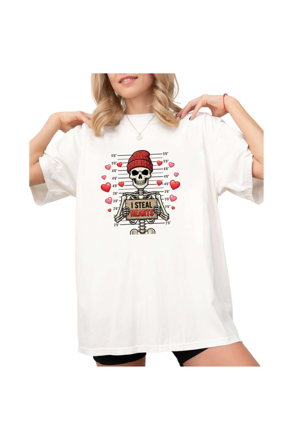 White I Steal Hearts Skeleton T-Shirt Graphic Tees Shirts Gothic Valentine Casual S-5XL Tops