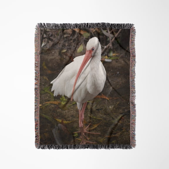 White Ibis In Water Eying The Camera, Woven Blanket