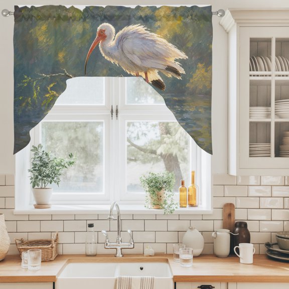 White Ibis Swag Valance for Windows, Coastal Tropical Animal River Green Willow Branch Swag Curtains Valances for Small Window Treatment Rod Pocket for Kitchen Bathroom 1 Panel 56x36in