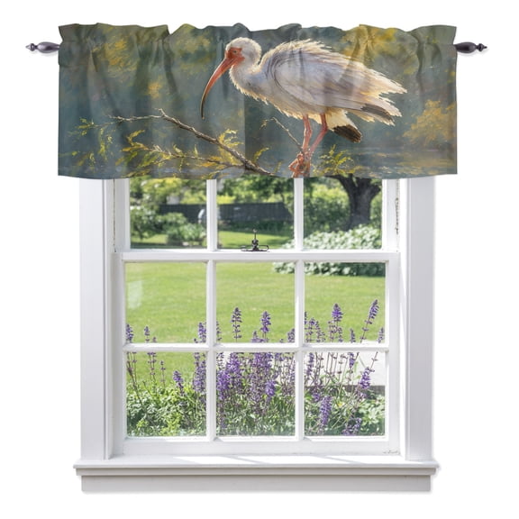 White Ibis Valances for Windows, Coastal Tropical Animal River Green Willow Branch Valance Window Treatment Rod Pocket Short Curtains Valances for Kitchen Bathroom 56"W x 16"L