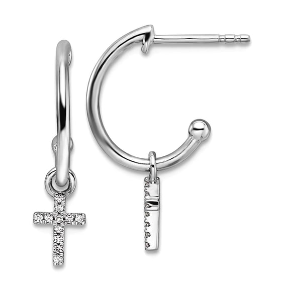 White Ice 925 Sterling Silver Rhodium Plated Diamond Religious Faith Cross Dangle J-hoop Post Earrings 20x12mm Wide Hoop