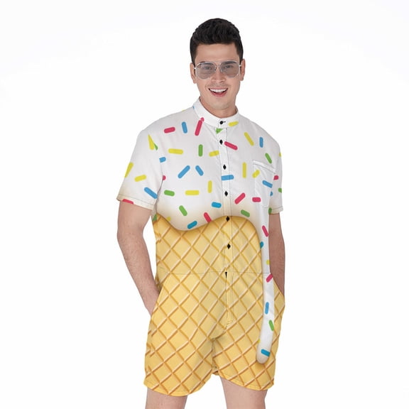 White Ice Cream Melted Short Sleeve Men'S Rompers Casual Summer Jumpsuits Outfit