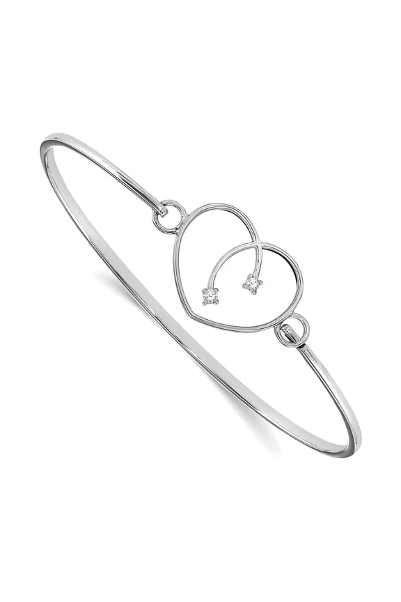 925 Sterling Silver Polished Prong set White Ice .06ct. Diamond Love Heart Bangle Bracelet 23mm Wide Cuff Bracelet for W