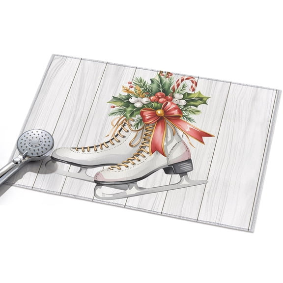 White Ice Skates Entryway Rug 2x3ft Washable Non Slip Bathroom Rug Low Pile Indoor Floor Front Door Mat Christmas Pine Needles Botanical Wood Rectangle Area Rugs Carpet for Kitchen Office Dining Room