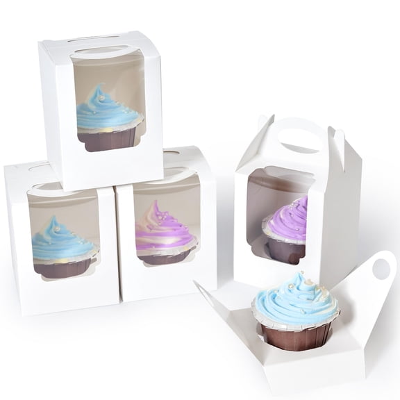 White Individual Cupcake Boxes with Window Insert and Handle, 100 Count