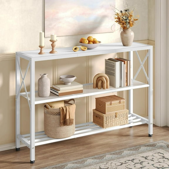 White Industrial Console Table, 3 Tier Entryway Tables, Hallway Desk, Narrow Sofa Tables with Shelves, Entrance Table for Entryway, Living Room, Foyer, Hallway, Office, White