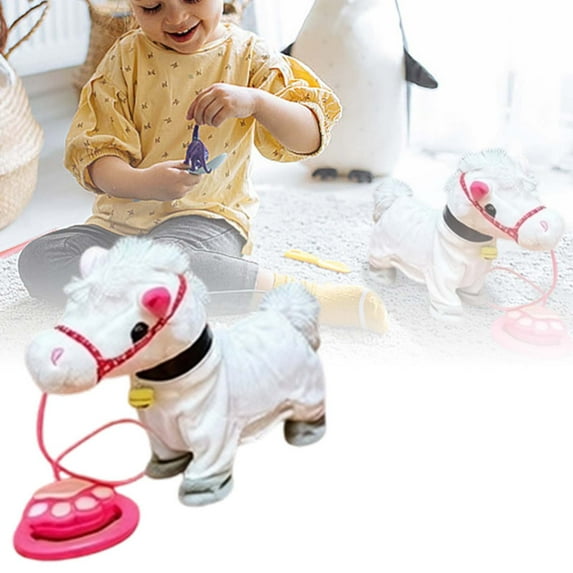 White Interactive Walking Singing Pony Toy Horse Light-Up Talking Pony with Leash Electric Plush Pony Horse Pet Toy for Birthday Christmas