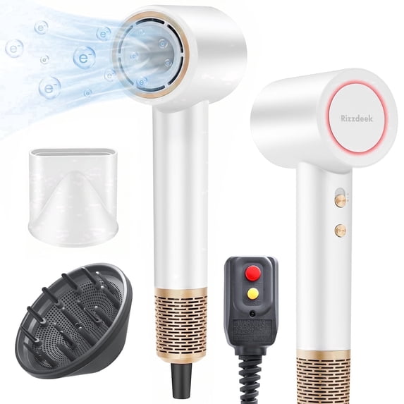 White High-Speed Ionic Hair Dryer with Diffuser, 1627W Blow Dryer, 500M Negative Ions, Thermo-Control, Magnetic Nozzle