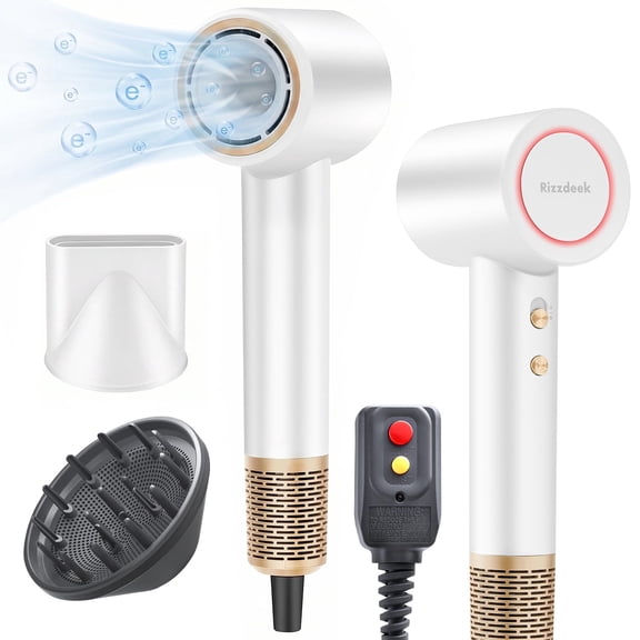 White Ionic High Speed Hair Dryer with Diffuser , 110000 RPM Brushless Motor, 500M Negative Ions, Low Noise Lightweight Blow Dryer with Thermo-Control & Magnetic Nozzle
