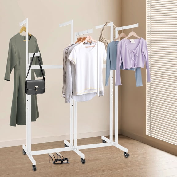 White Iron 116x50x120-158cm Six-Arm Clothing Display Rack Adjustable Clothes Hanger With Wheels