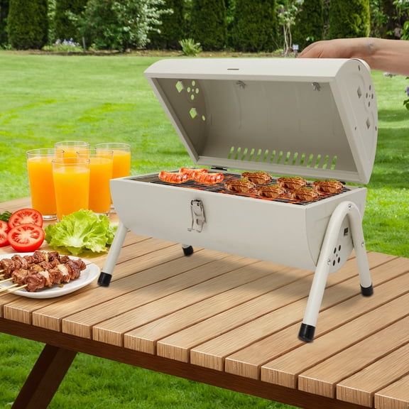 White Iron 16.9x14.9 Inch Barbecue Grill Double-Sided Grill Chimney Design Portable Charcoal Grill