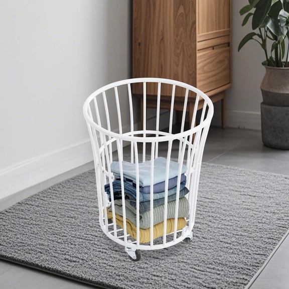 White Iron 303645cm Hollow Dirty Laundry Basket Mobile Breathable Drum Dirty Laundry Basket