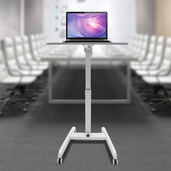 White Iron 52x60x112cm Standing Pedal Lifting Table with Adjustable Angle Desktop and Universal Wheel Mobile Podium Table