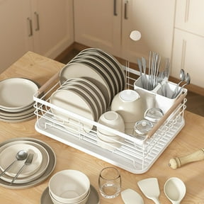 White Iron Kitchen Countertop Dish Rack - Modular, Airy, Auto-Draining for Plates & Utensils