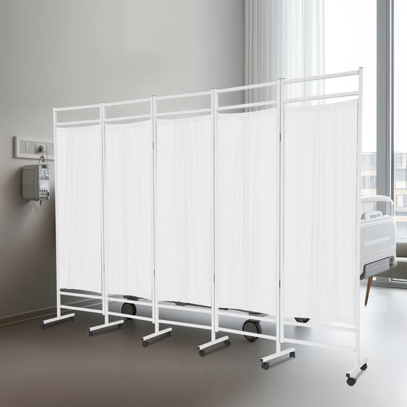 White Iron Nylon 98.43*70.87in Inch Five-Sided Medical Folding Screen With Brake Wheel Privacy Partition Screen