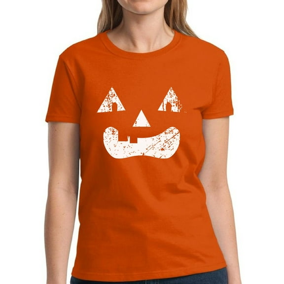 White Jack o Lantern Pumpkin Face Halloween T Shirt for Women Happy Halloween - S M L XL 2XL 3XL Graphic Tee - Scary Halloween Outfit Gift Funny Holiday Tee T-Shirt Ladies