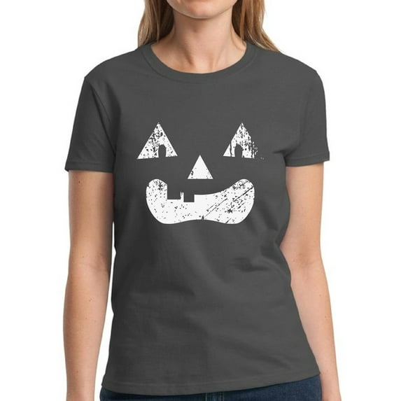 White Jack o Lantern Pumpkin Face Halloween T Shirt for Women Happy Halloween - S M L XL 2XL 3XL Graphic Tee - Scary Halloween Outfit Gift Funny Holiday Tee T-Shirt Ladies