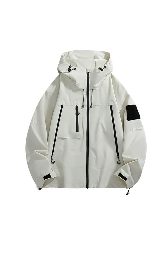 White Jackets for Women Hvyesh Rain Jacket Women Waterproof Lightweight Packable Raincoat Detachable Hooded Travel Jacket Outerwear Full Zip Up Long Sleeve Drawstring Coat