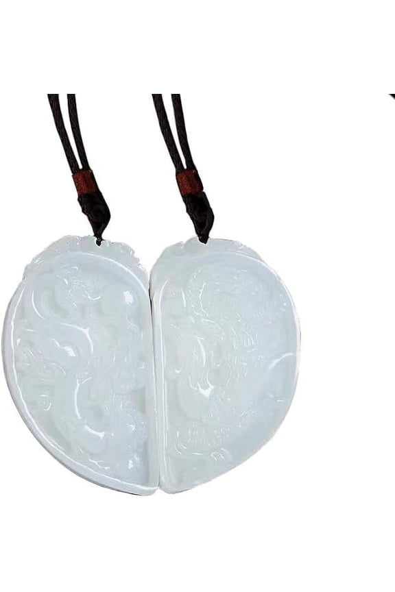 White Jade Jadeite Carved Dragon Phoenix Necklace,Double Couples Amulet Pendant For Spouse Lovers Women Men(Genuine Certificate,Set Of 2)