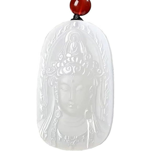 Jade Kwan Yin Guan Yin Necklace,Goddess of Mercy Amulet White Tara Mantra Crystal Buddha Amulet Pendant(Certificate)