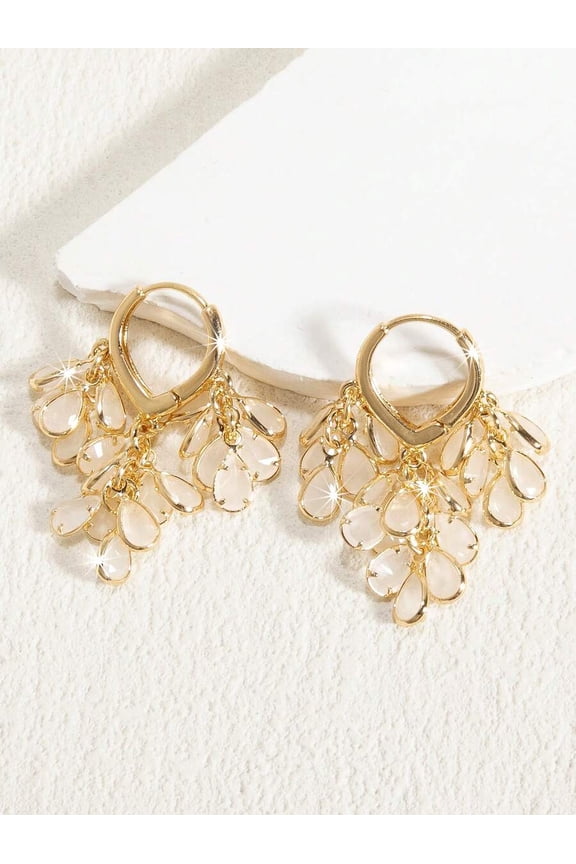 White Jade Multi-Teardrop Zirconia Dangle Hoop Earrings With Goldtone Setting For Women