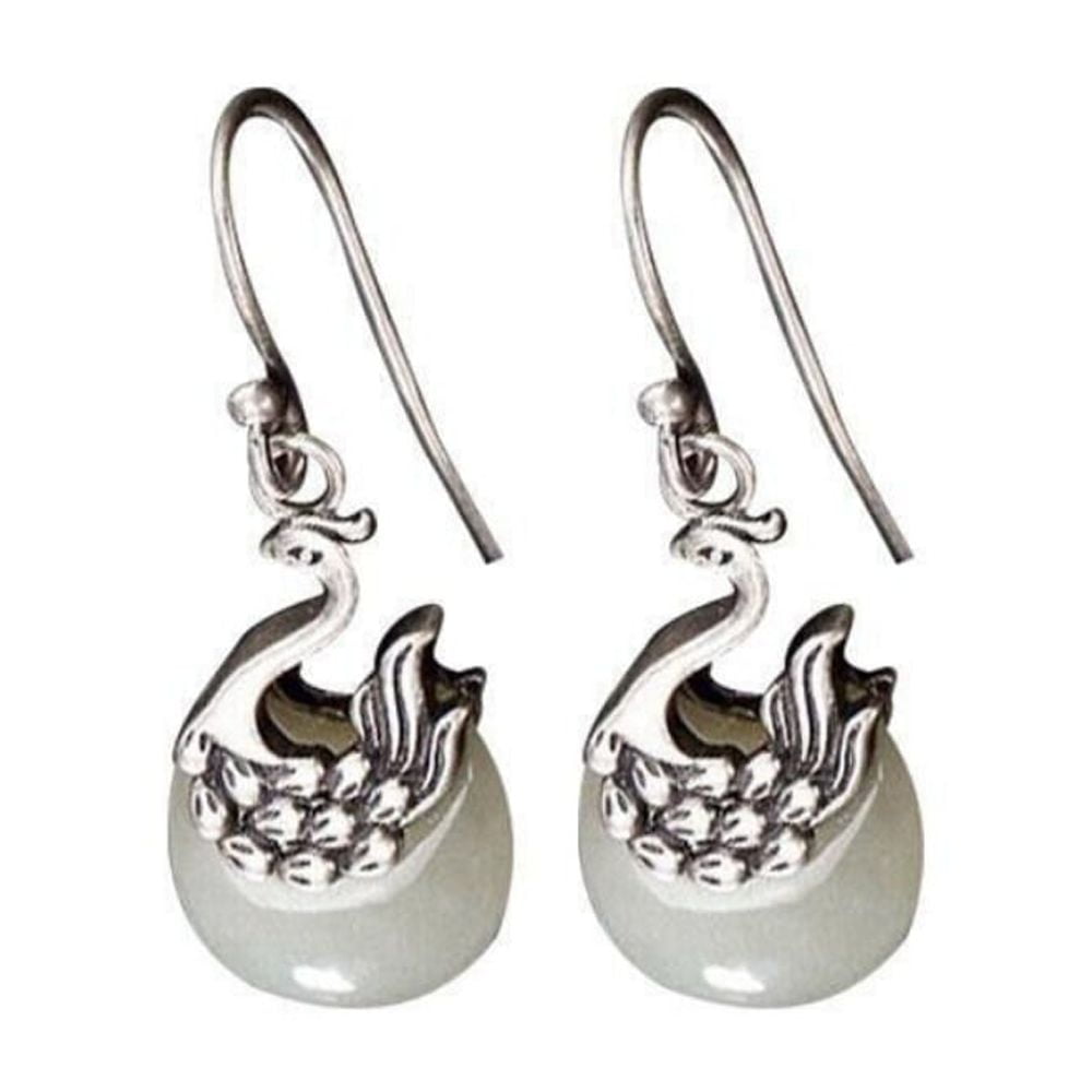 JONJUMP White Jade Peacock Earrings Women Natural Stone Jewelry Gemstone