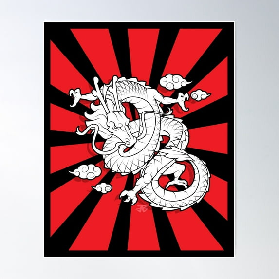 White Japanese Dragon Tattoo Style With Rising Sun Flag Japan Asian Artwork Poster Wall Art, Modern Wall Decor For Living Room Bedroom, 8x12 UNFRAMED