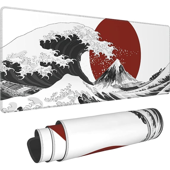 White Japanese Wave Gaming Mouse Pad XL Black Mountain Red Sun Painting Extended Big Large Desk Mat Non-Slip Rubber Base Stitched Edge Long Keyboard Mousepad for PC Computer Laptop,31.5×11.8 in