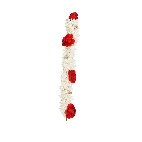 White Jasmine Hair Gajra with Red Rose Accents for Traditional Bun and Braided Hair Styling