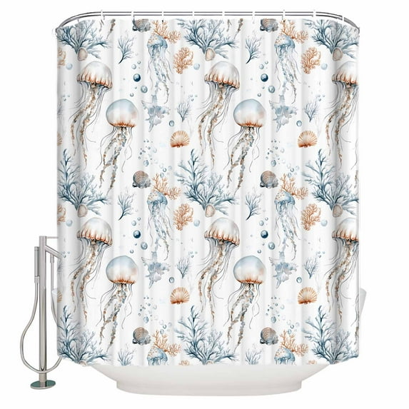White Jellyfish Coral Shower Curtains for Bathroom Waterproof Fabric Bath Curtains Decor Bath Tub Curtain Summer Ocean Coastal Conch Shell Decorative Shower Curtain Sets with 12 Hooks, 72x72 Inch