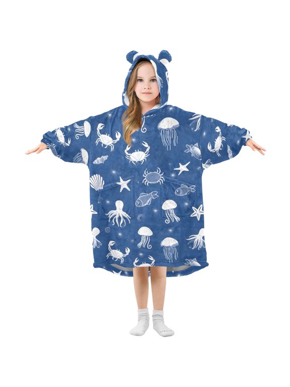 White Jellyfish Pattern Wearable Blanket Hoodie Oversized Flannel Soft Warm Cozy 3-14 Age Small