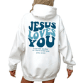 thumbnail image 1 of White Jesus Loves You John 13:34 Blue Groovy Hoodie Christian Faith Religious Belief Inspirational Message Casual Wear Tops S-2XL, 1 of 6