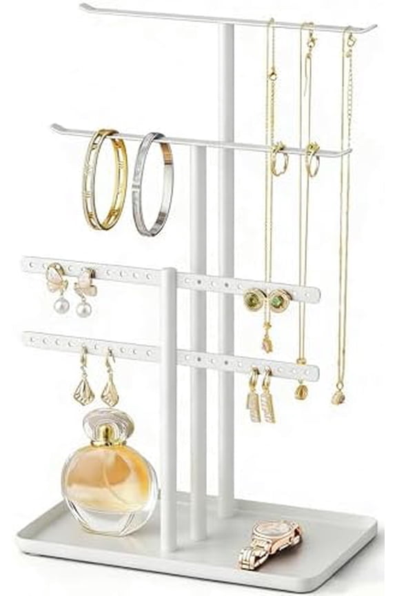 White Jewelry Stand Holder Organizer: 12.5" Sturdy Hanger for 80 Pcs Jewelry, Jewlery Tower for Display Necklace, Earring, Bracelet, Watch