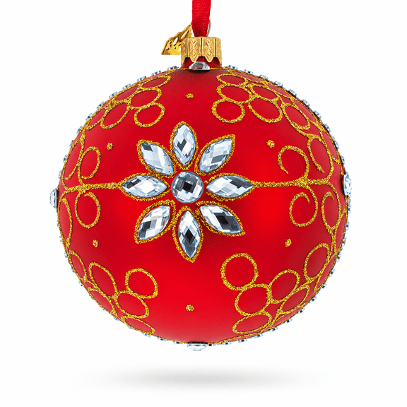 White Jewels on Red Glass Ball Christmas Ornament