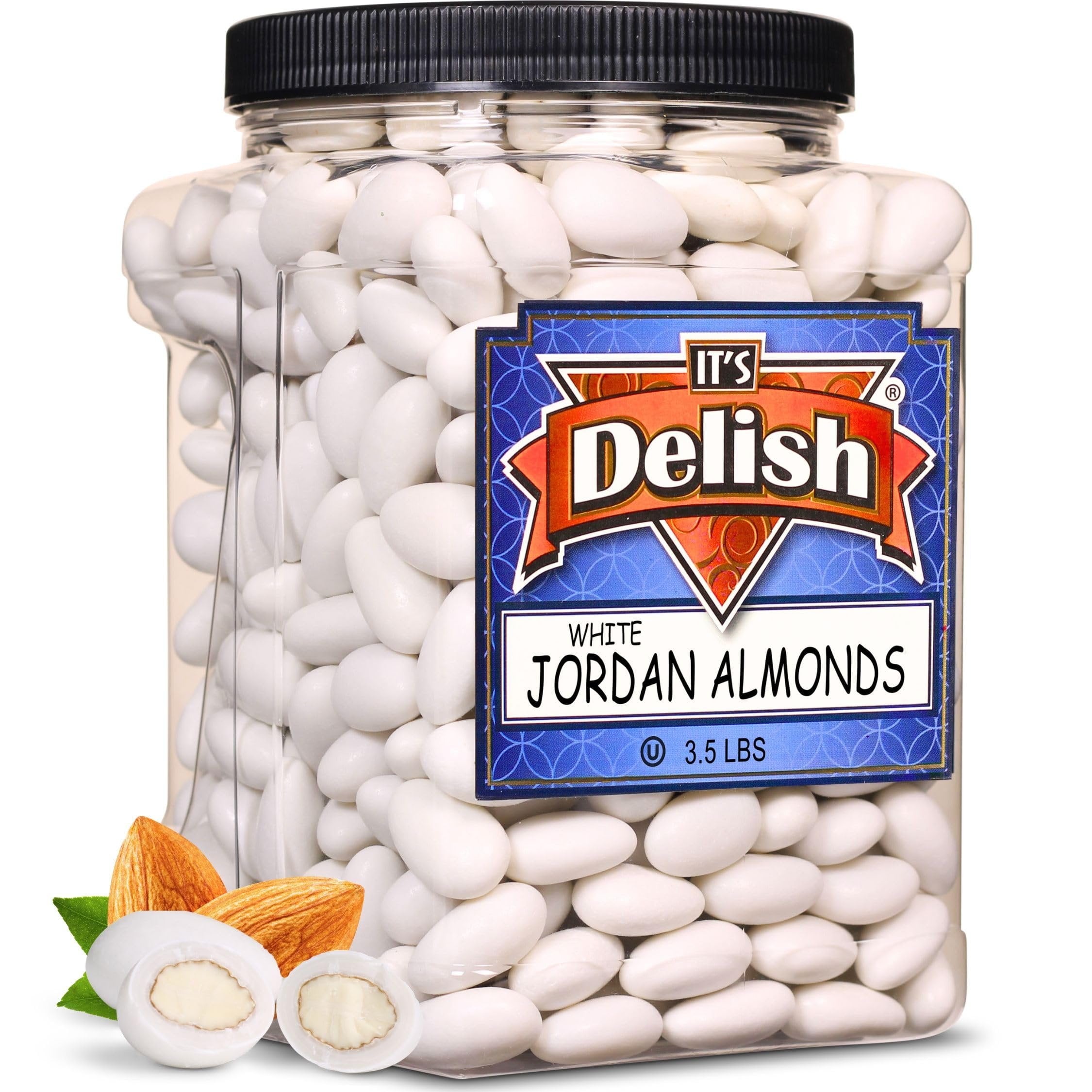 Sugar Free White Jordan Almonds by Its Delish, 3.5 Lbs Jumbo Container  Candied Almond Nut with Hard Candy Coating  No Sugar Added  Bulk Wedding Favors and Party Buffets - Vegan & Kosher