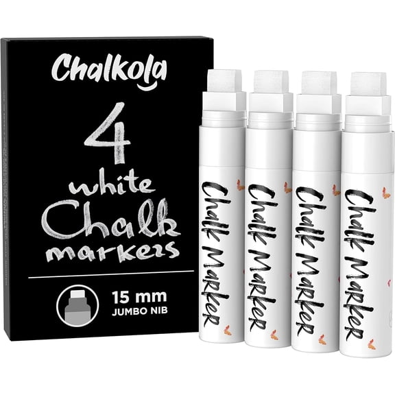White Jumbo Chalk Markers - 15mm Window Markers | Pack of 4 White Pens - Use on Cars, Chalkboard, Whiteboard, Blackboard, Glass, Bistro | Loved by Teachers, Artists, Businesses