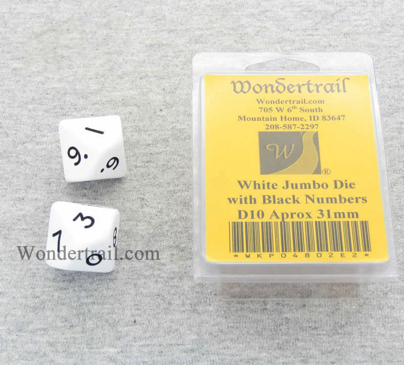White Jumbo Dice with Black Numbers D10 31mm Pack of 2 Wondertrail