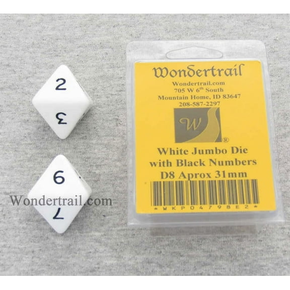 White Jumbo Dice with Black Numbers D8 31mm (1.25in) Pack of 2 Wondertrail