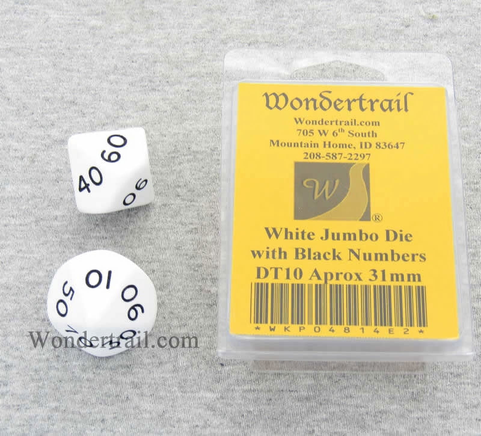 White Jumbo Dice with Black Numbers DT10 31mm (1.25in) Pack of 2 Wondertrail