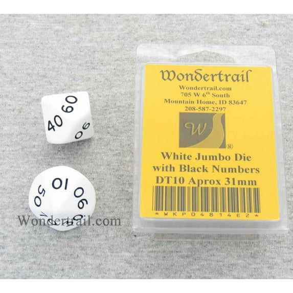 White Jumbo Dice with Black Numbers DT10 31mm (1.25in) Pack of 2 Wondertrail
