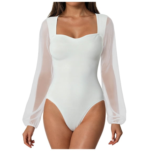 White Jumpsuit for Women Dressy Mesh Square Neck Long Sleeve Skinny Bodysuit Breathable Knit Going Out Tops Shirts Shapewear