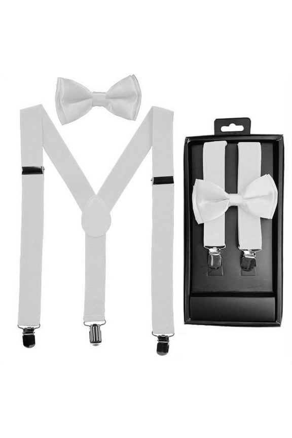 White KIDS TODDLER CHILD SUSPENDERS and BOW TIE MATCHING BOXED GIFT SET Tuxedo Party