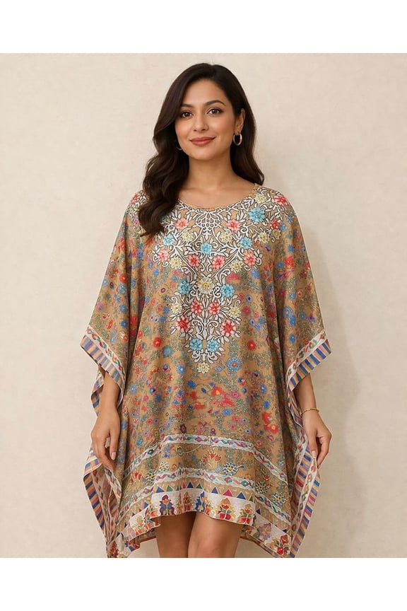 White Kalamkari Pattern Kaftan Dress with Outing Embroidery from Kashmir