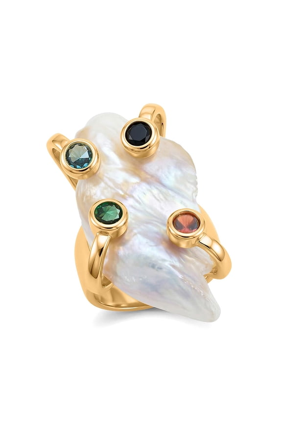 White Keshi Pearl, Multi Color Cubic Zirconia Ring in Goldtone Adjustable