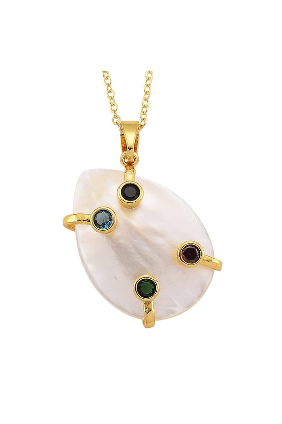 White Keshi Pearl, Simulated Multi Color Diamond Pendant Necklace (20 Inches) in Goldtone