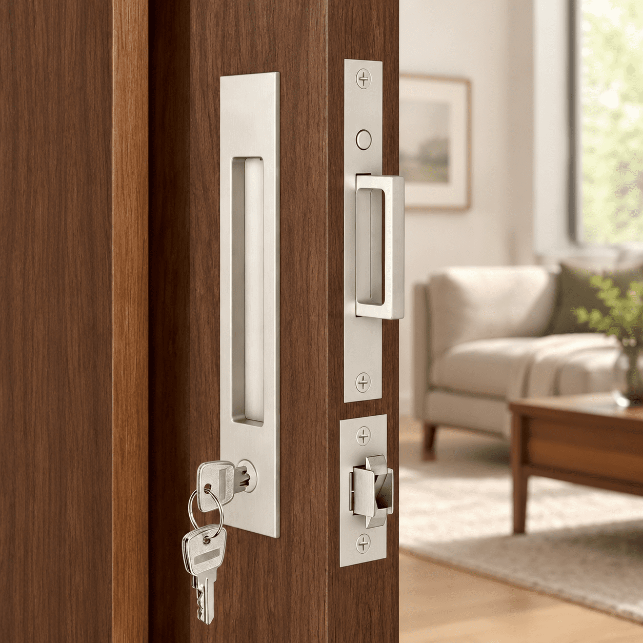 White Keyed Lock Pocket Door Latch, 2 Pack, Recessed Edge Handle for ...