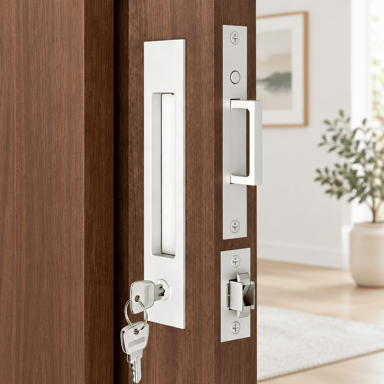 White Keyed Lock Pocket Door Latch, 2 Pack, Recessed Edge Handle for ...