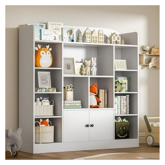 White Kids Bookshelf, Kids Bookcase with 11 Cubbies and 2 Cabinets, Freestanding Book Storage Shelves for Bedroom, Playroom, Hallway