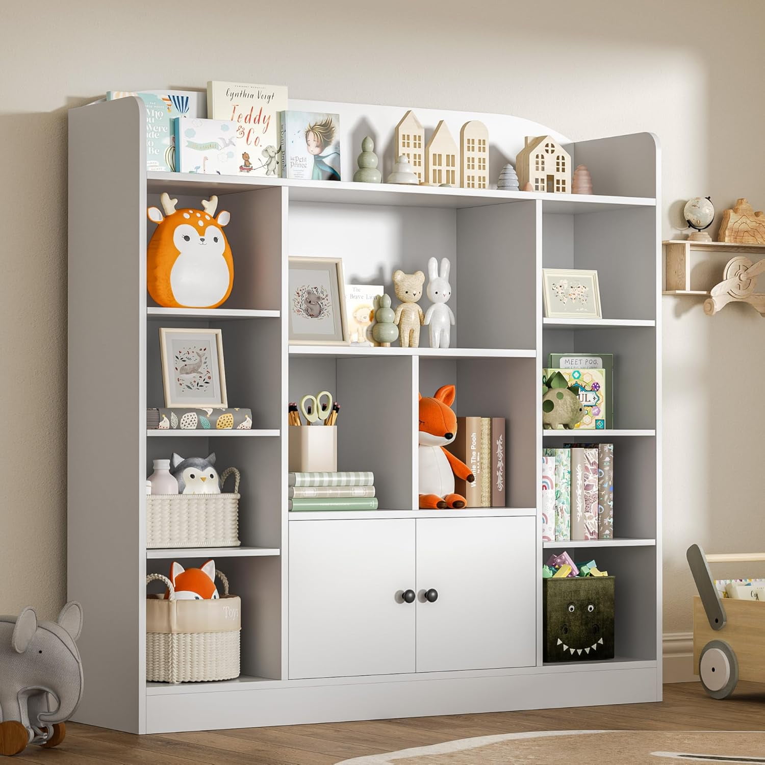 White Kids Bookshelf, Kids Bookcase with 11 Cubbies and 2 Cabinets ...
